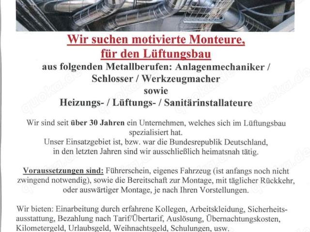 Monteur für den Lüftungsbau gesucht zur Festeinstellung gesucht - 1